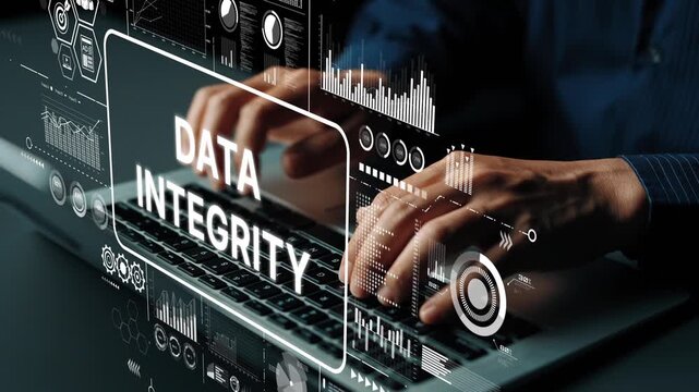 Person Typing on Laptop with Data Integrity Graphics and Digital Analysis Interface in Modern Workspace Environment. Asymptotic smart data analytic.