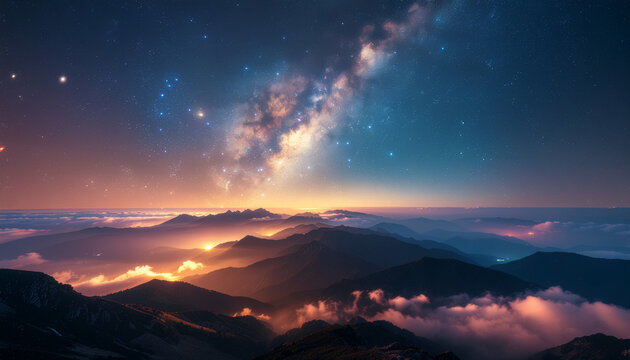 Majestic mountain peaks under a vibrant starry night sky with milky way galaxy and soft valley mist