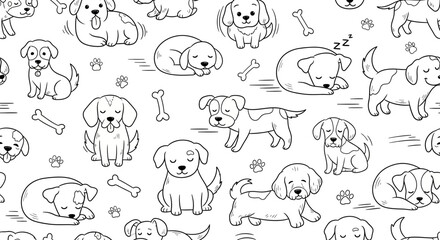 Fototapeta premium Cute Puppy Dog Pattern Seamless Vector Illustration - Adorable Cartoon Dogs and Bones