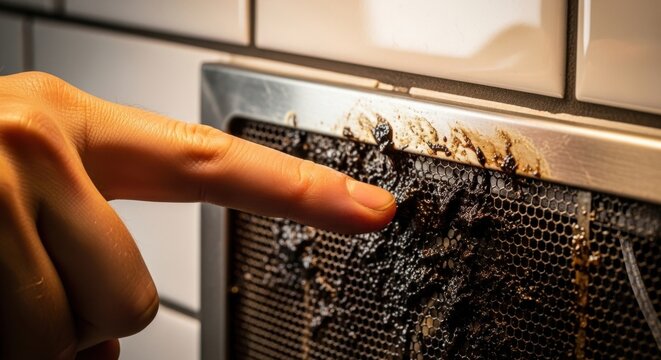 Finger points to particula grease on dirty kitchen vent filter
