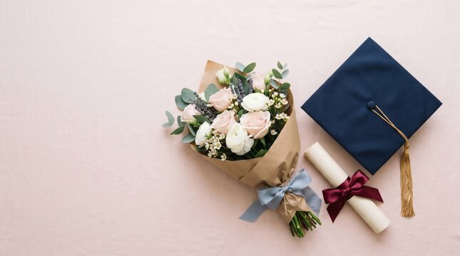 Graduation Flat Lay with Cap Diploma and Flower Bouquet