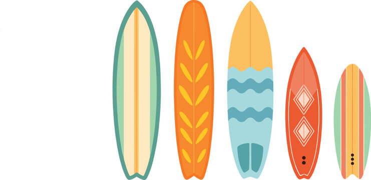 Colorful surfboard collection illustration featuring retro beach designs and modern surfing equipment styles set