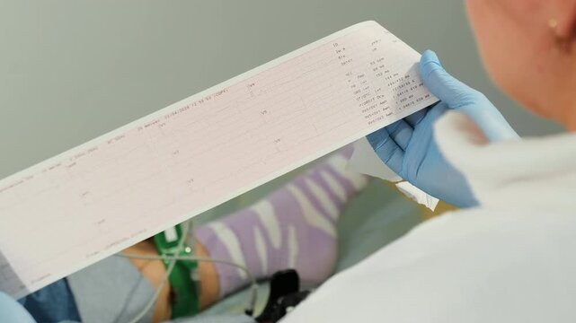 Medical worker examines printed test strip near patient during procedure. Specialist follows graph lines checking diagnostic before removing sensors