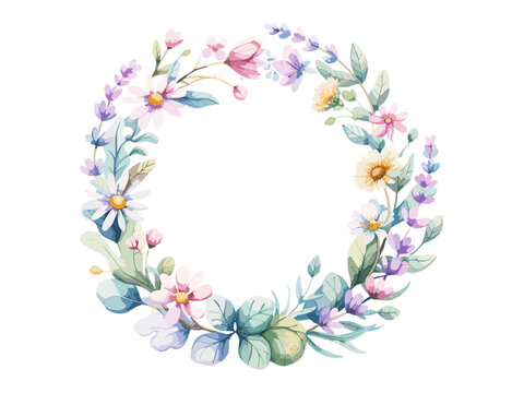 Delicate Wildflower Wreath Watercolor Floral Frame with Botanical Leaves and Spring Flowers