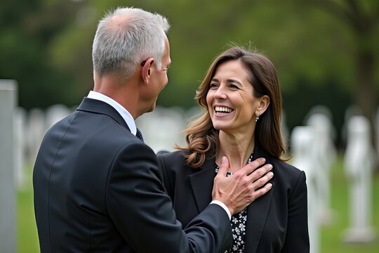 A compassionate male funeral director brings solace to a grieving woman during a cemetery service