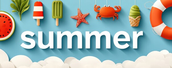 Obraz premium Paper cut summer illustration with playful beach icons and bold sky typography