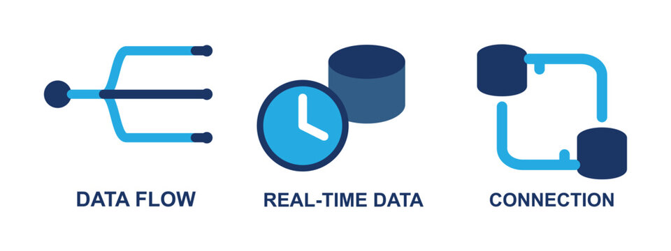 Blue data flow and connection icons with clock