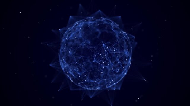Abstract blue digital globe on dark background. Glowing network nodes and connecting lines form futuristic sphere. Global communication and data visualization concept.