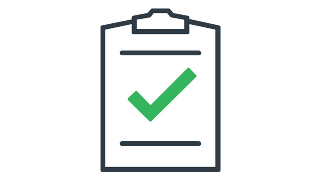 Minimalist vector icon illustration of a clipboard with a green checkmark, symbolizing task completion, project management, survey results, and successful business checklists in a flat style.