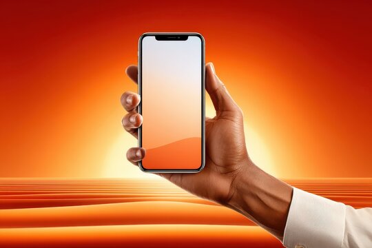 Hand holding an iPhone smartphone with blank orange screen over warm sunset background for tech mockup