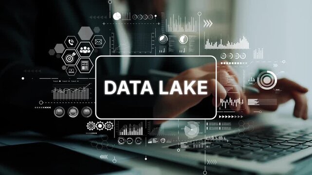 Business professional interacting with digital data lake concept with graphs and charts on a laptop in a modern office setting. Asymptotic smart data analytic.