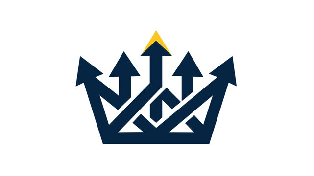 Vector icon illustration of a crown formed by five rising arrows, symbolizing team leadership, business growth, and success. Minimalist flat design with a yellow highlight on the central arrow.