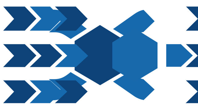 Vector illustration of a blue revenue stream flow diagram showing arrows converging into a central hexagon and diverging, representing business process integration and data management.
