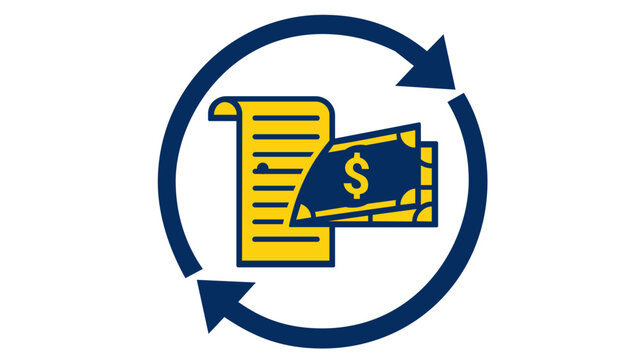 Professional vector illustration of a return and refund policy icon featuring a yellow document and dollar bills inside a blue circular arrow loop, symbolizing financial business transactions.