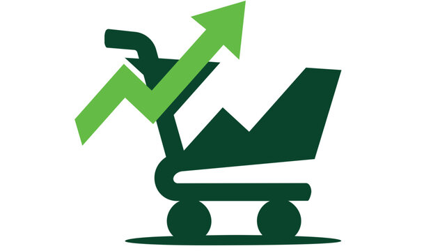 Business acquisition and sales growth vector icon illustration featuring a dark green shopping cart with a bright green upward arrow graph representing market success and e-commerce trends.