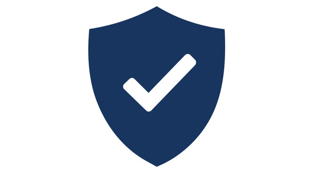 Minimalist vector icon illustration of a dark blue security shield with a white checkmark, representing antivirus protection, cyber security, verified safety, data privacy, and digital trust.