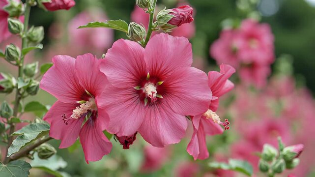 Closeup of vibrant pink hollyhock flowers blooming in a garden.