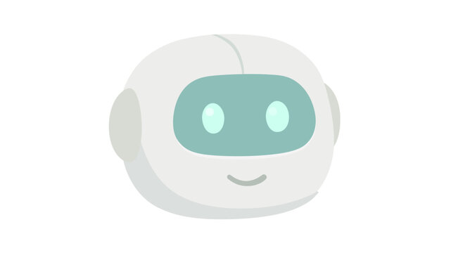 Cute humanoid robot face vector icon illustration. Minimalist flat design of a friendly bot head with a smiling face and glowing eyes. Scalable digital asset.