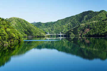Fototapeta premium Calm Mountain Lake with Fresh Green Forest Reflections and Distant Bridge in Spring