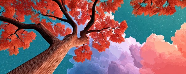 Naklejka premium Tall red-leaf tree stretching upward against a dreamy colorful sky and clouds