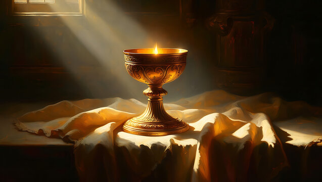 A glowing flame atop a wax candle flickers in the dark church night as burning candlelight reflects off antique glass and an old candlestick Corpus Christi