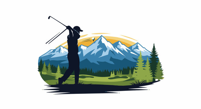 Golfer swings club on course with majestic mountains and pine trees