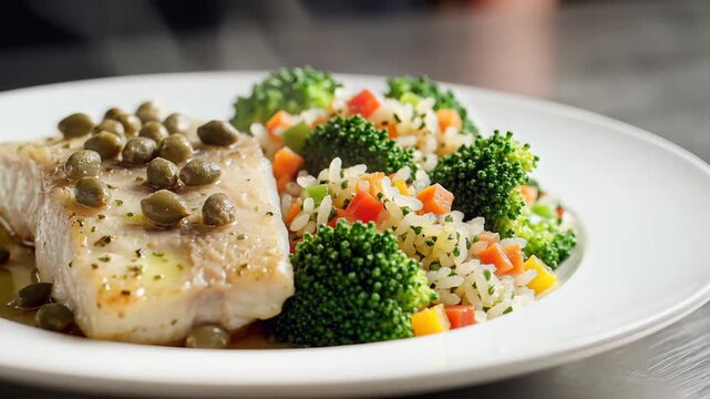 Delicious Baked Fish Fillet with Steamed Broccoli and Quinoa Salad.