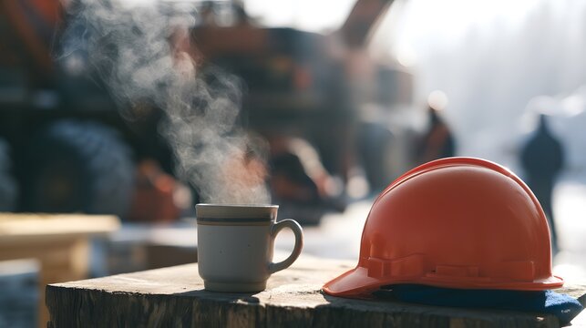 Steaming coffee mug and orange hard hat on wooden table during a cold winter construction break