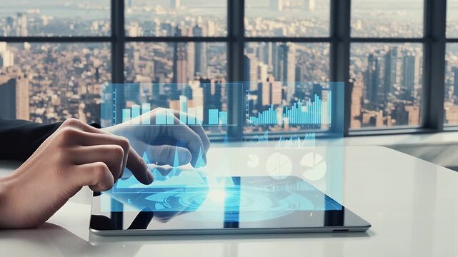 Human Hands Interacting with a Futuristic Glass Control Surface Overlooking a City Representing Smart City Management