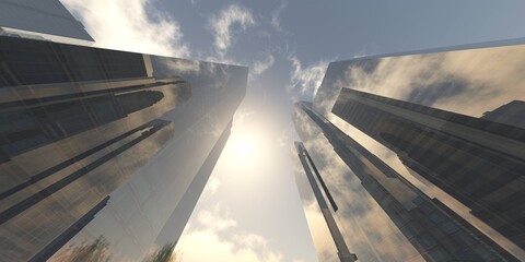 Skyscrapers, high-rise buildings from below against the background of the sky, cityscape, panorama of skyscrapers, 3D rendering © ustas