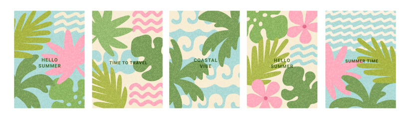 Fototapeta premium Set of abstract summer card in doodle naive style. Modern poster with hand drawn tropical leaves, sea, wave, flowers. Vacation time, travel, beach concept. Trendy minimalist design for cover, banner.
