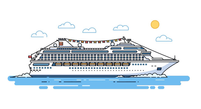 Modern luxury cruise ship sailing on the ocean under a sunny sky vector illustration.