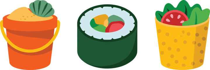 Beach bucket with sand and shell next to sushi roll and salad cup on white background © Mdjillur