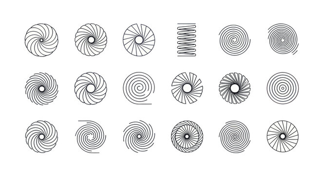 Collection of minimalist geometric spiral shapes and abstract line art icons