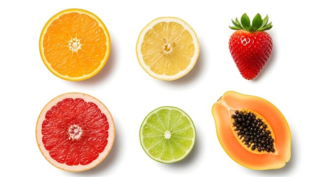 Assorted fresh citrus and tropical fruit halves on white background