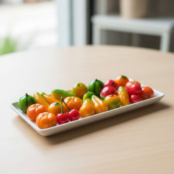 Fruit candies in traditional Thai luk chup style on a white tray for cultural dessert and colorful sweet snacks.