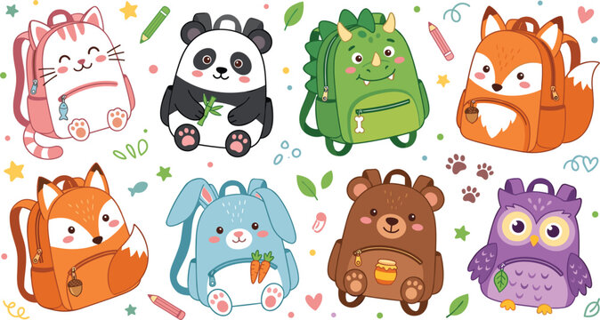 Cute animal backpacks vector illustration set with panda, fox, rabbit, bear, owl and dinosaur designs, colorful school bag collection for kids themes