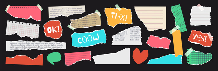 Fototapeta premium Torn paper notes and stickers with tape, colorful ripped scrapbook scraps, memo labels and collage pieces with OK, COOL, THX and YES text, isolated vector illustration