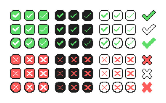 Pixel art check mark and cross icons in 8 bit style, green and red yes no symbols for approval and rejection, checkbox UI buttons with circle outlines, vector isolated set