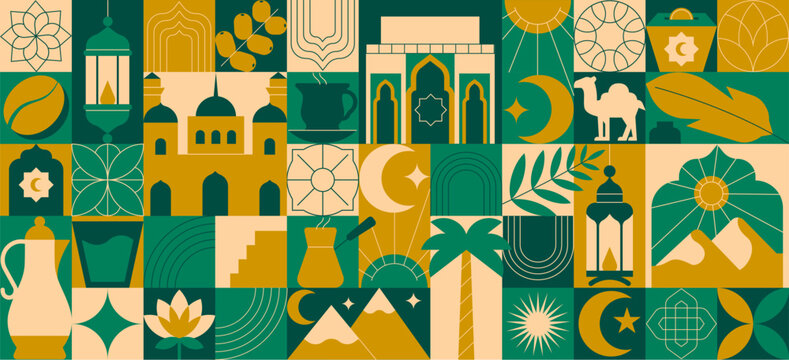 Mosaic Arabic Banner with Decorative Icons Seamless Islamic Geometric Pattern and Ornamental Symbols
