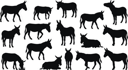 Fototapeta premium Donkey silhouette vector illustration set with standing, grazing, sitting and walking poses, black farm animal collection isolated on light background for rural themes