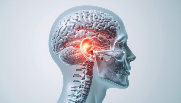 Detailed anatomical cross-section profile of human head showing glowing red highlighted ear and temporal lobe of the brain, signifying pain or medical condition, representing hearing impairment