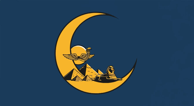 Golden crescent frames Egyptian pyramids, sphinx, and cobra symbol