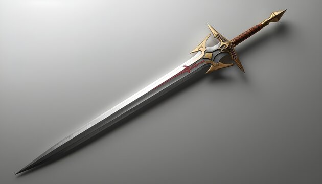 Ceremonial sword with polished silver blade ornate gold crossguard and red grip on gray background for fantasy weapon concept