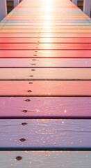 Fototapeta premium Pastel colored wooden planks receding into the distance with sun flare, symbolizing joy, celebration, and summer fun