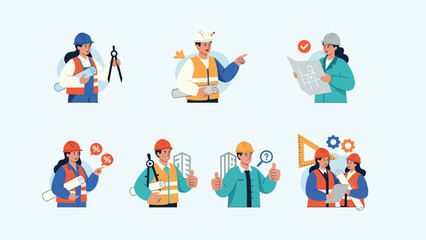 Fototapeta premium Engineers and Construction Workers Vector Set: Diverse Professionals in Hard Hats & Vests with Tools & Blueprints