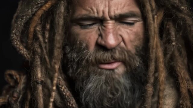Portrait of a man with long dreadlocks and a beard looking directly at the camera with an intense expression in a dark setting during the evening