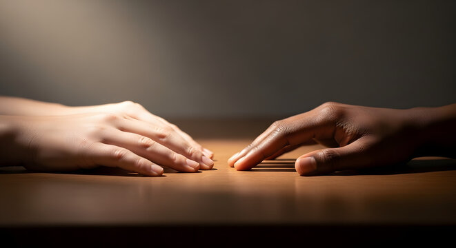 Two hands of different skin tones resting on a wooden table approaching each other under a spotlight