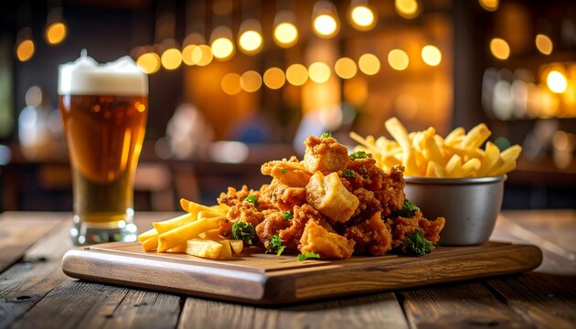 Pub-style food Fried chicken, fries, and beer on a wood board in a bar with bokeh lights