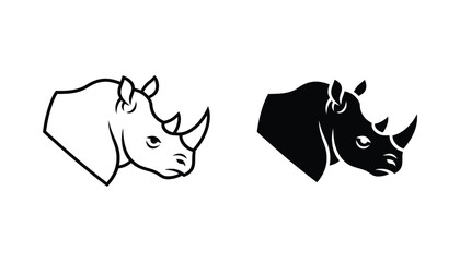 Rhino head profile icon in black and white line art and solid silhouette vector style for wildlife branding © Minimalist